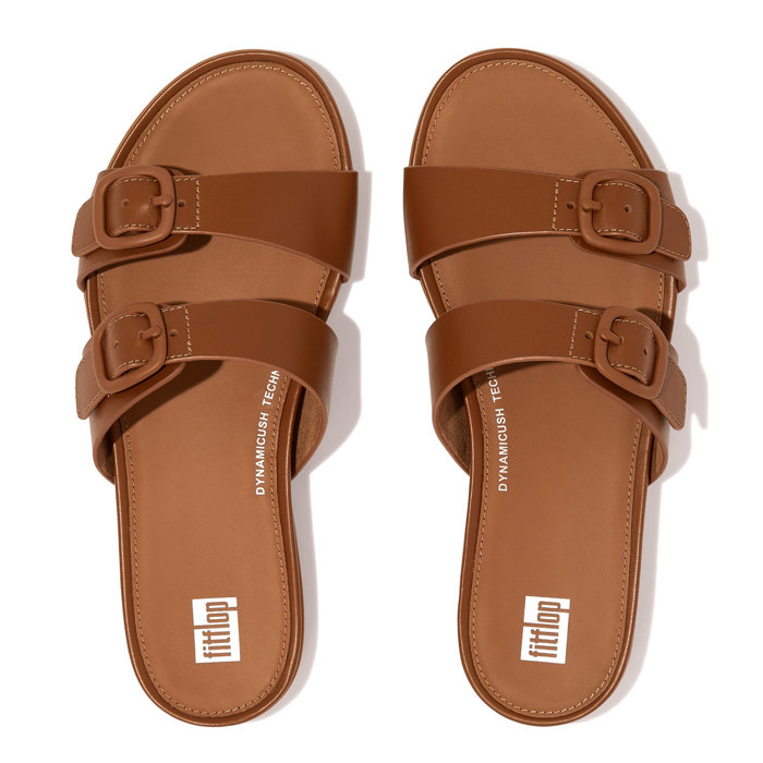 FITFLOP GRACIE RUBBER-BUCKLE TWO-BAR LEATHER SLIDES