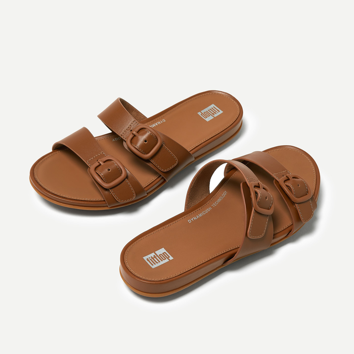 FITFLOP GRACIE RUBBER-BUCKLE TWO-BAR LEATHER SLIDES